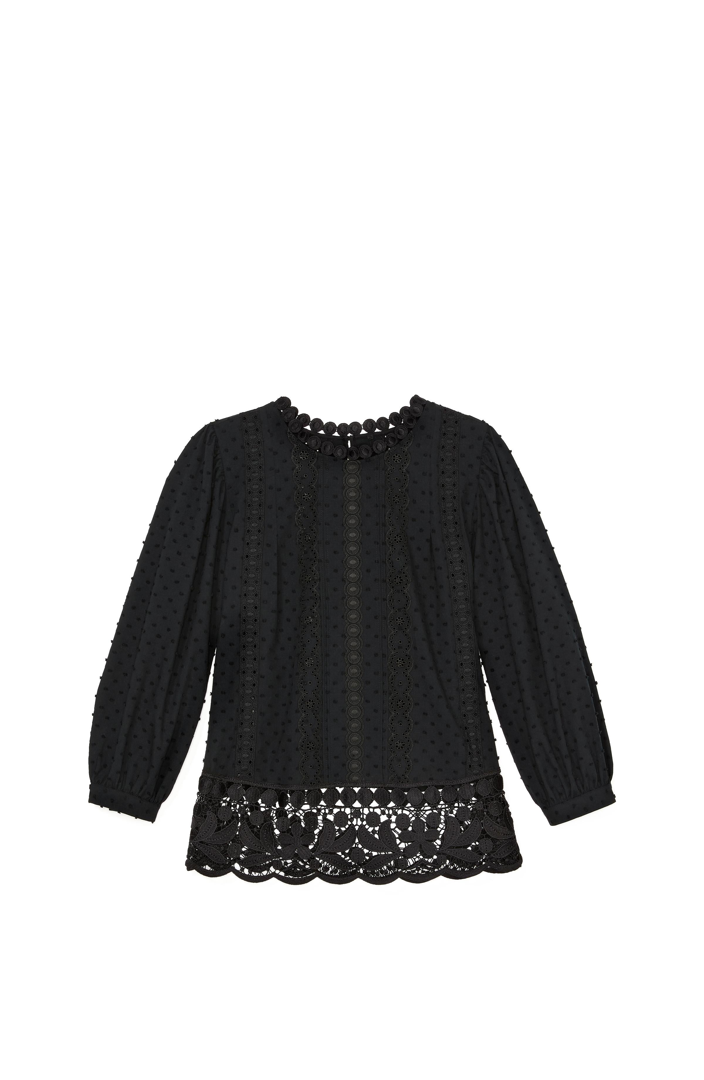 KL702-Guipure Lace Trim Blouse-Black