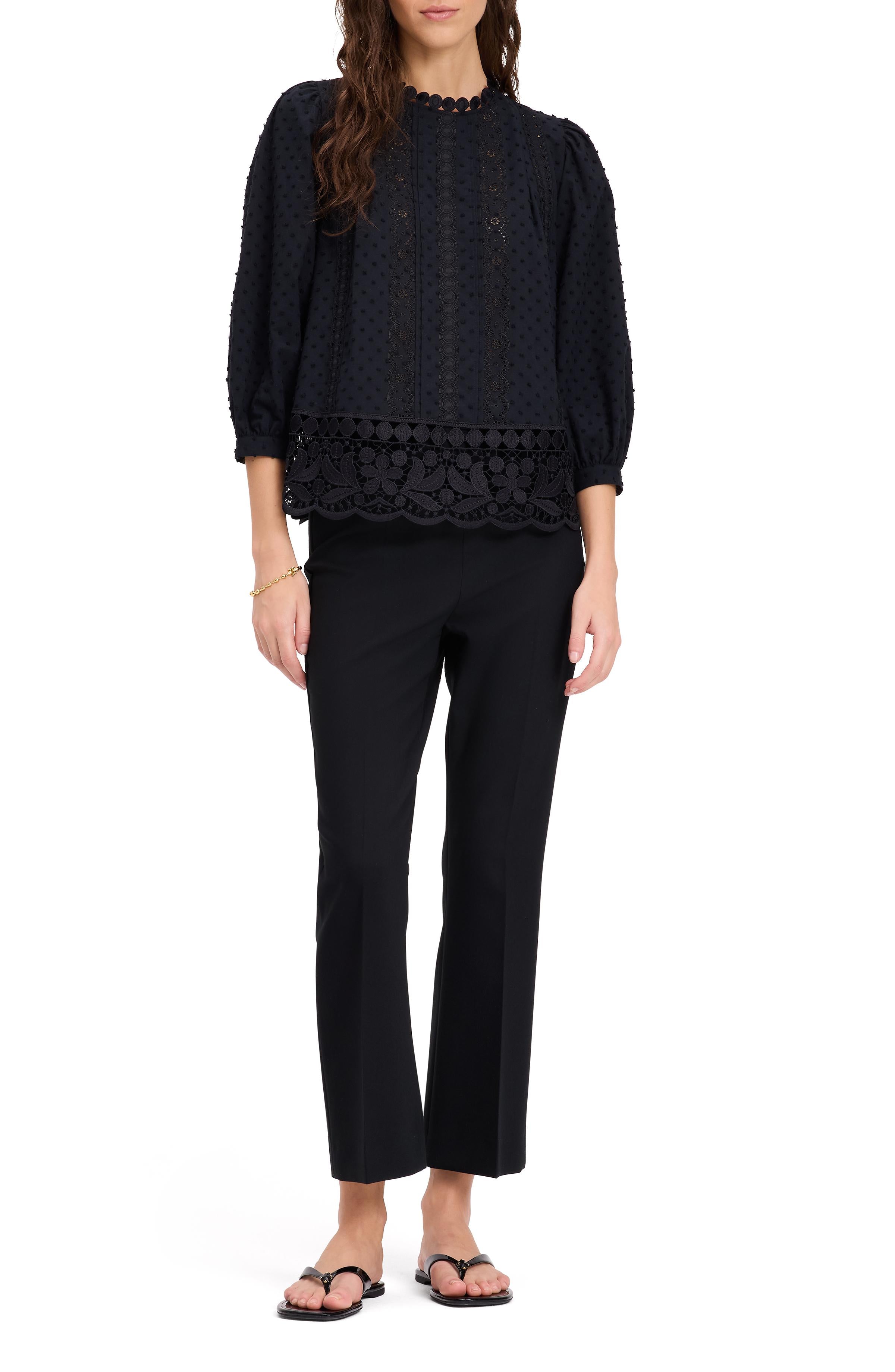 KL702-Guipure Lace Trim Blouse-Black