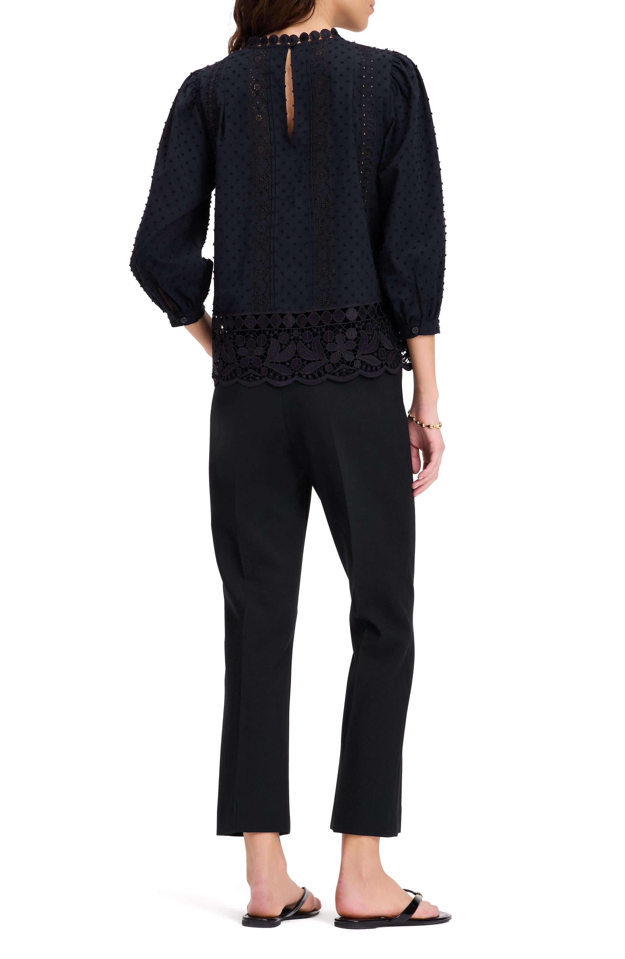 KL702-Guipure Lace Trim Blouse-Black