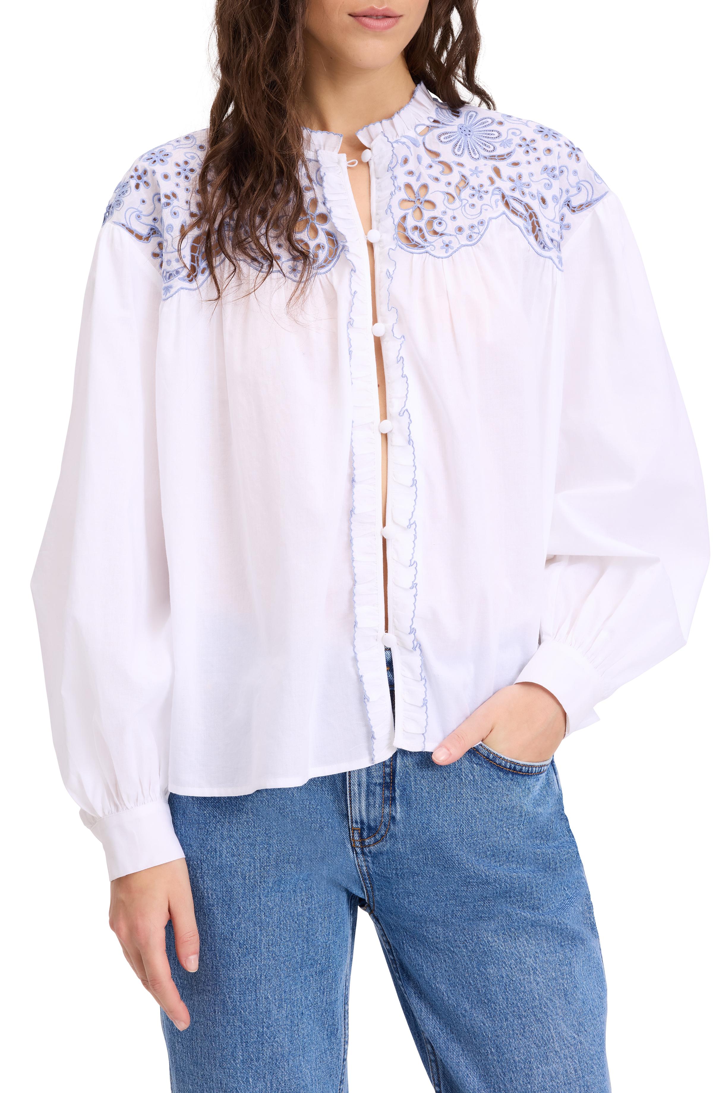 KL703-Floral Embroidered Blouse-Fresh White/Diamond
