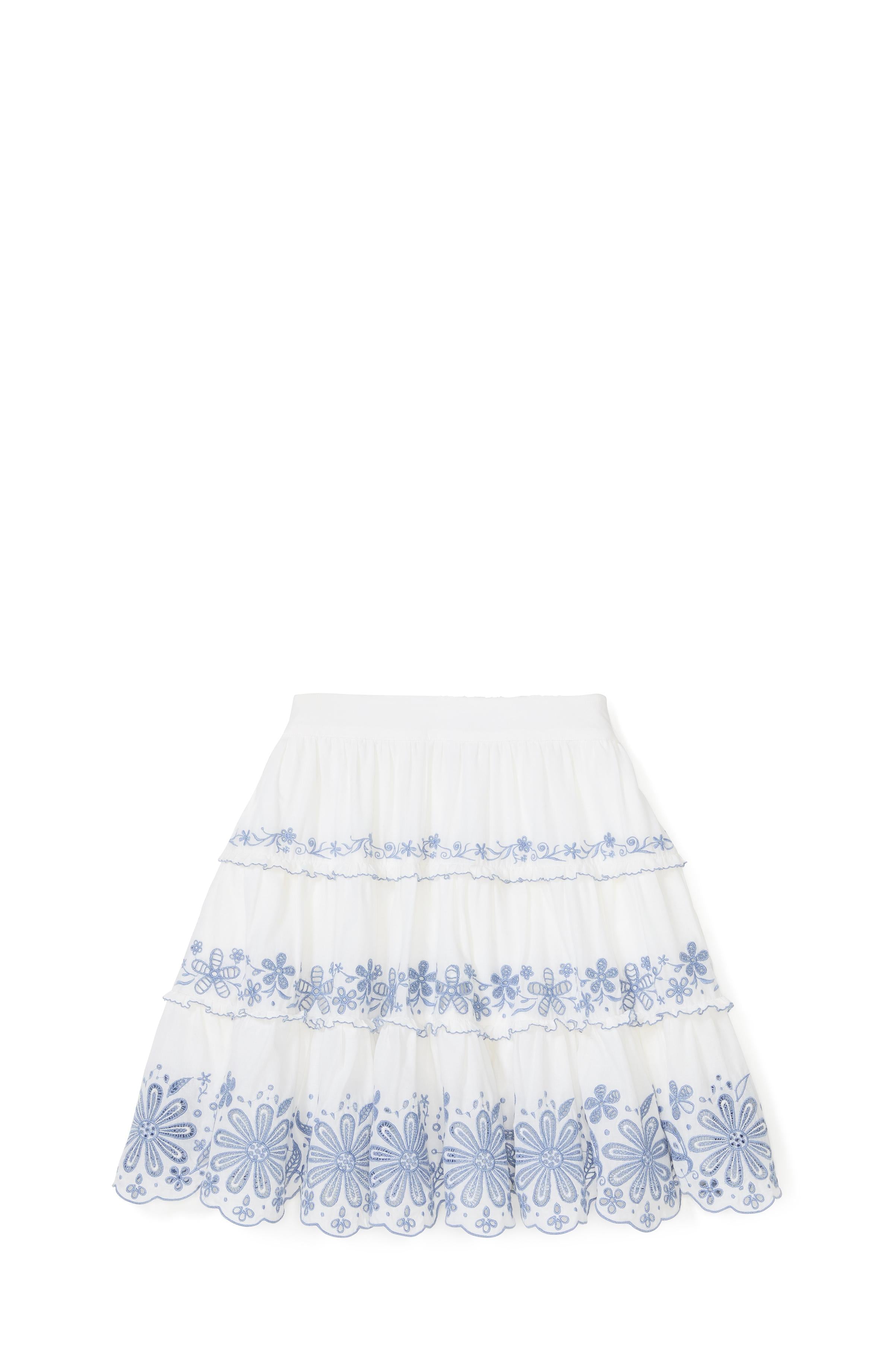 KL708-Floral Embroidered Tiered Mini Skirt-Fresh White/Diamond