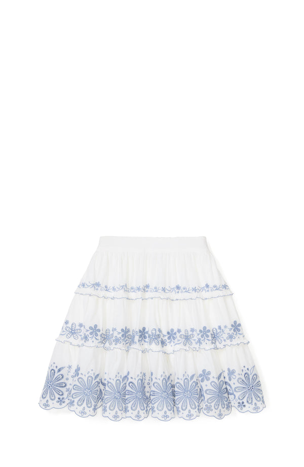 KL708-Floral Embroidered Tiered Mini Skirt-Fresh White/Diamond