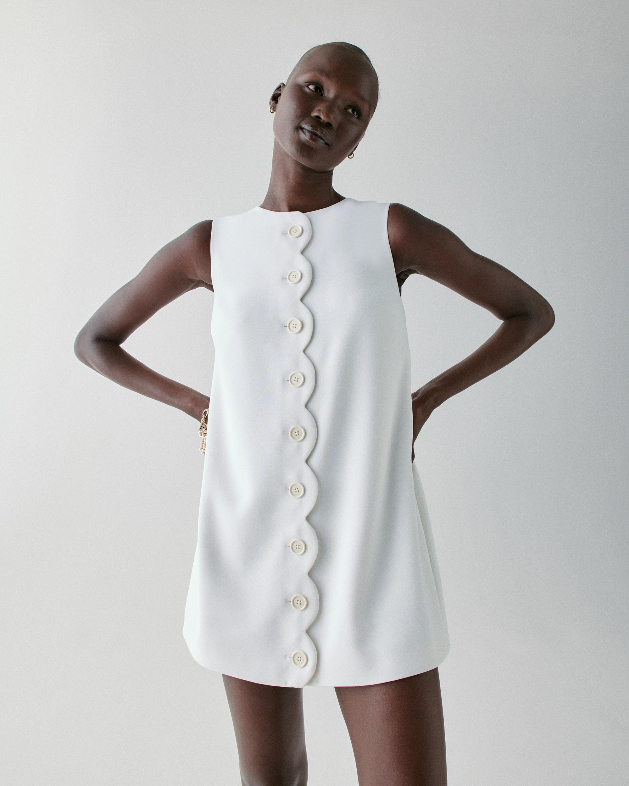 KM477-Scallop Shift Dress-Cream