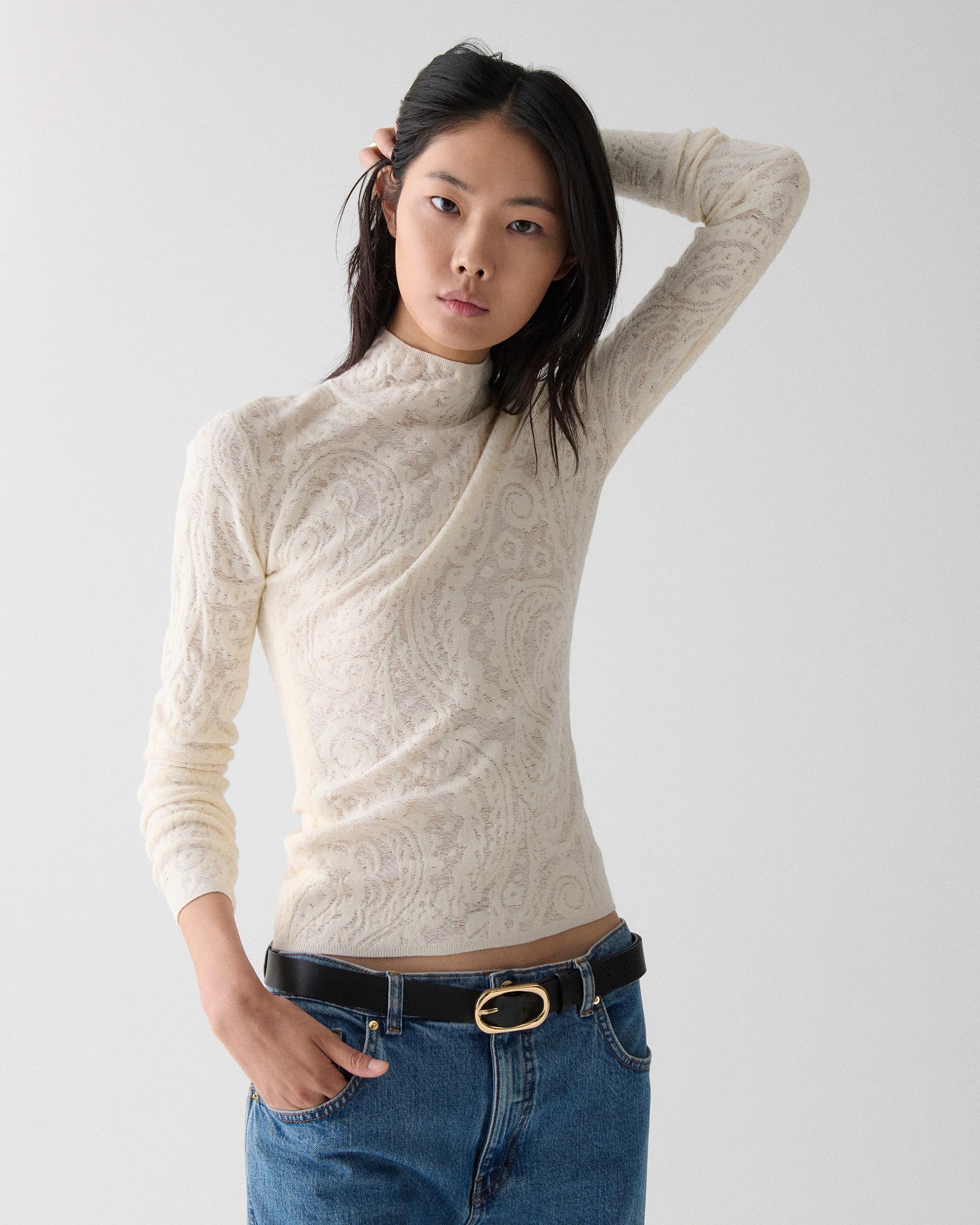 KN435-Lace Knit Turtleneck Top-Cashew Milk