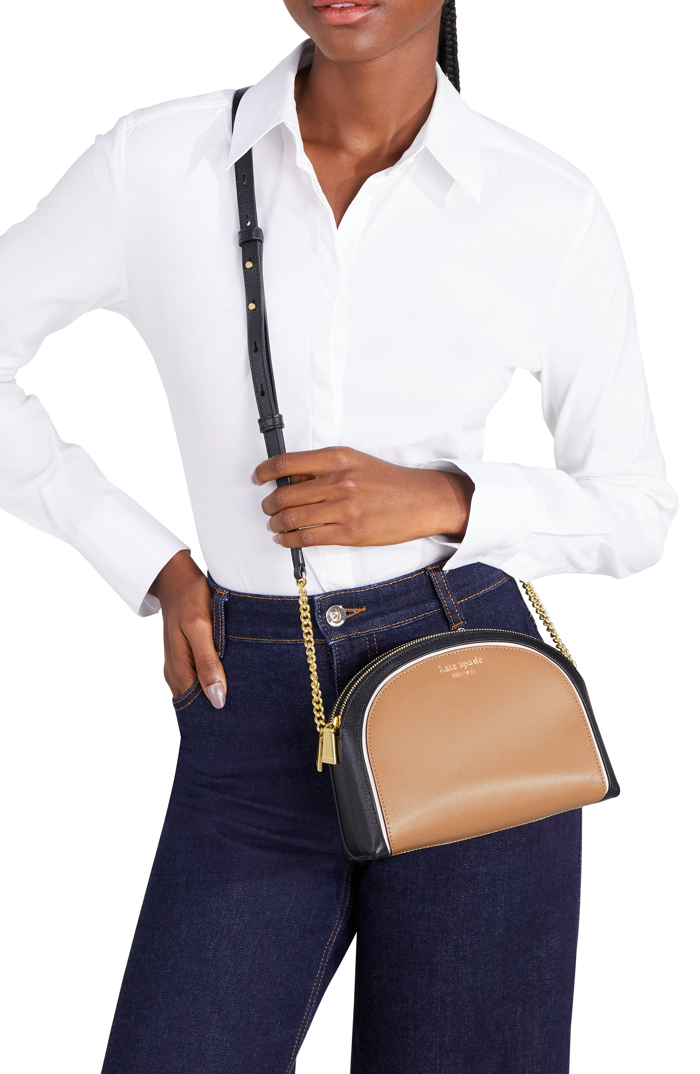 K8964-Cafe Mocha Multi-morgan colorblocked double-zip dome crossbody