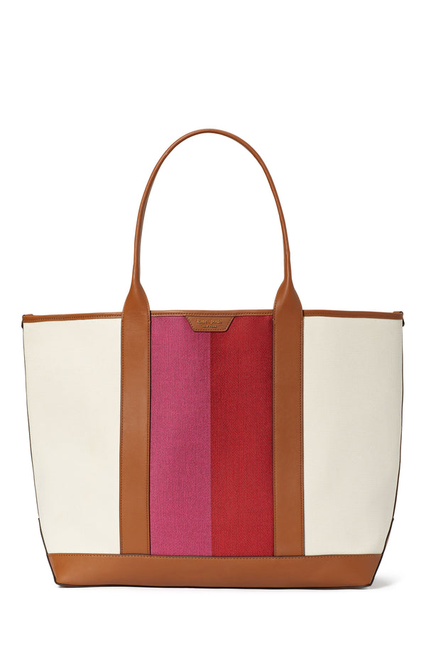 KB956-racing stripe canvas large tote-Dark Brown Multi