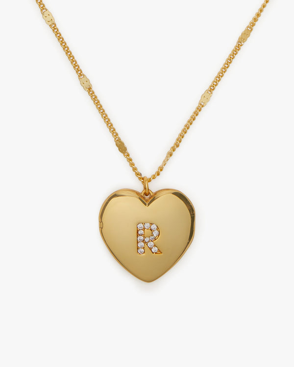 KD923-r heart letter locket necklace-Clear/Gold