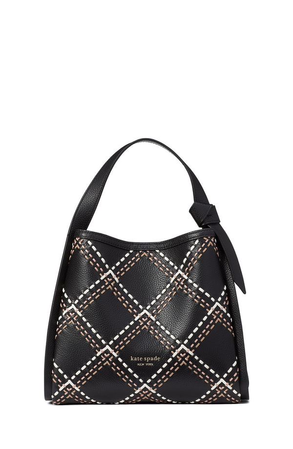 KE111-Knott Plaid Stitched Medium Crossbody Tote-Black Multi