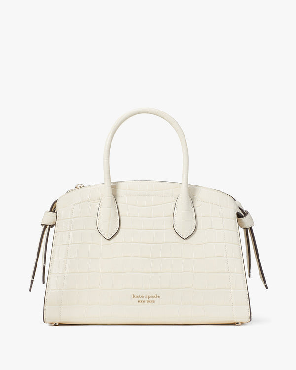 KE120-Knott Croc-embossed Medium Zip-top Satchel-Halo White