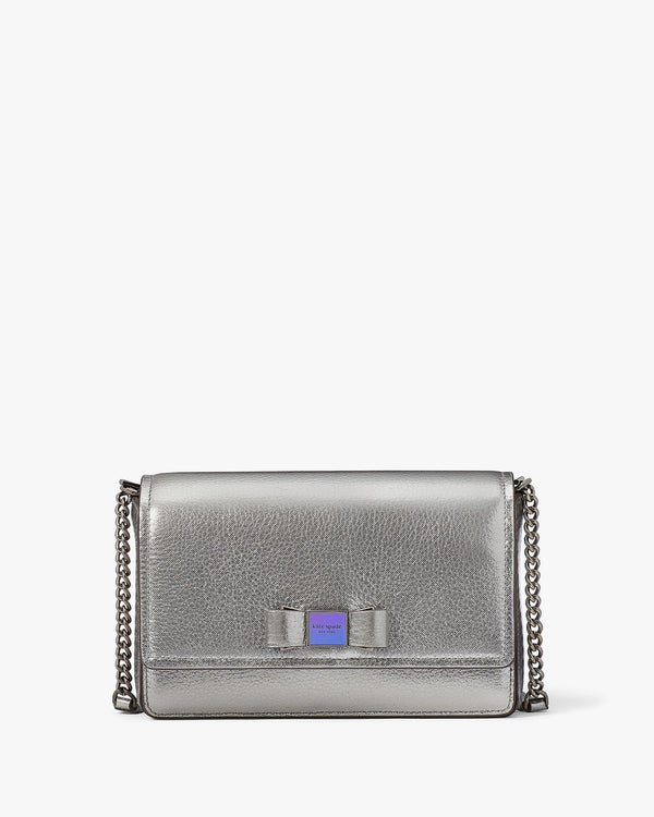 Morgan Bow Embellished Metallic Flap Chain Wallet-KF572-Silver