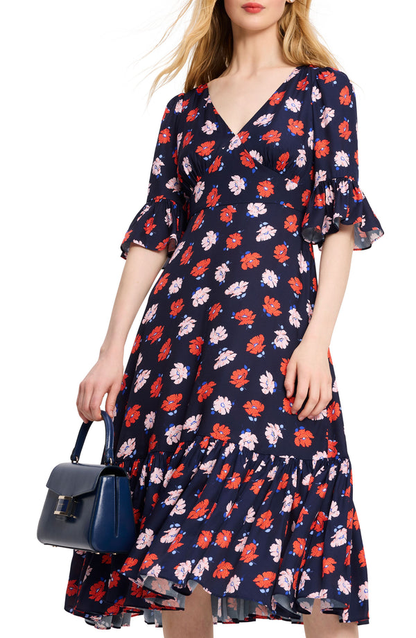 KF790-Dotty Floral Faille Dress-French Navy